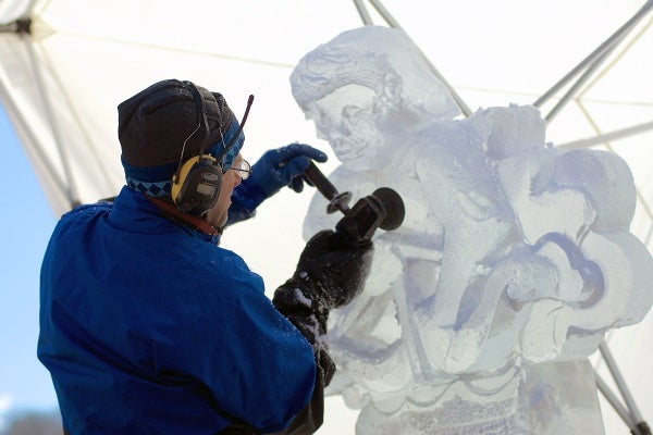 <p><p>Ice Sculptor Kevin Roscoe from Seattle, Washington, makes final touches on his artwork on Saturday. (Bas Slabbers/for NewsWorks)</p></p>
