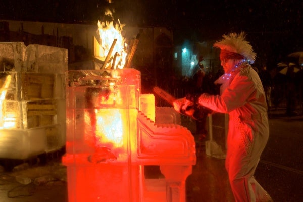 <p><p>The ice piano goes up in flames as the song "Great balls of Fire" plays over the speaker. (Bas Slabbers/for NewsWorks)</p></p>
