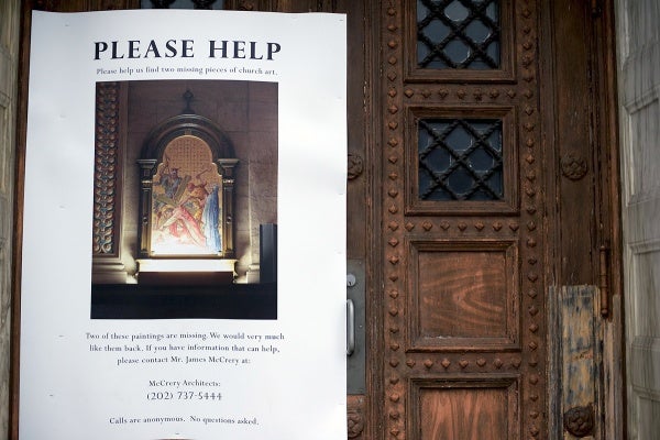 <p><p>A poster on the door of St. Francis of Assisi Church in Germantown asks for people with information about the Feb. 1 burglary to come forward. (Bas Slabbers/for NewsWorks)</p></p>
