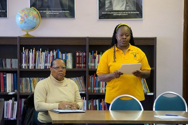 <p><p>Sharon Mitchell, of the School Advisory Council of Fulton Elementary, speaks to those assembled at the school on Tuesday morning. (Bas Slabbers/for NewsWorks)</p></p>
