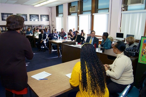 <p><p>Parents, educators and community members attended a school-district meeting in the library of Fulton Elementary on Tuesday morning. (Bas Slabbers/for NewsWorks)</p></p>
