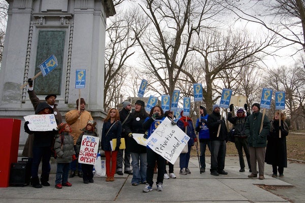 <p><p>Calls for a moratorium and anti-privatization messages were on display at Wednesday's Vernon Park rally against closing nearby Germantown High School. (Bas Slabbers/for NewsWorks)</p></p>
