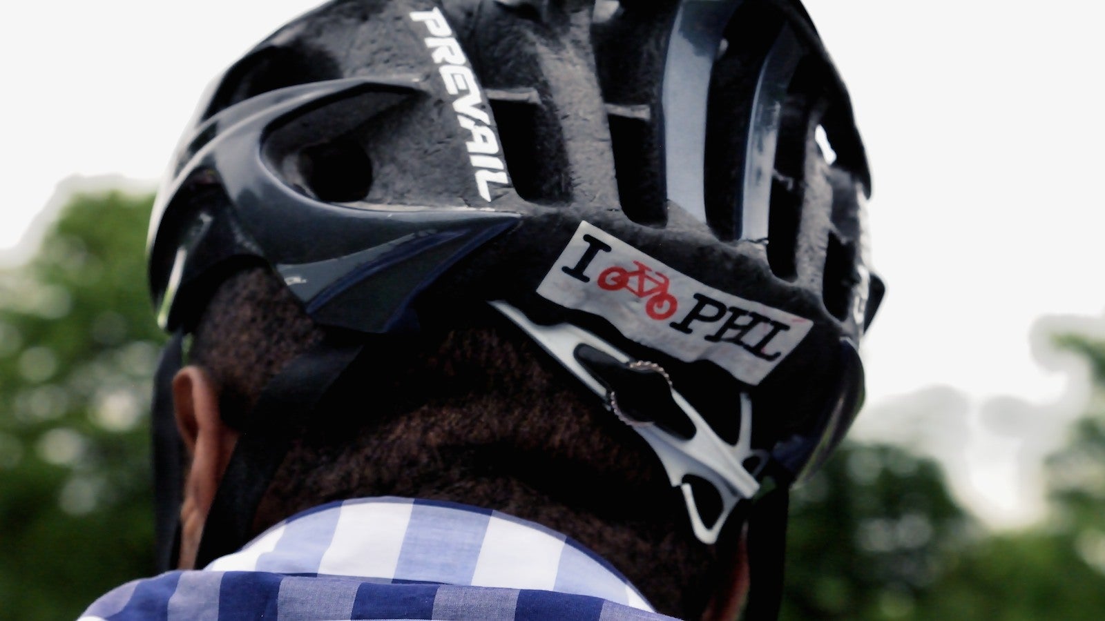  A sticker on the back of the helmet of one of the riders. (Bas Slabbers/for NewsWorks) 