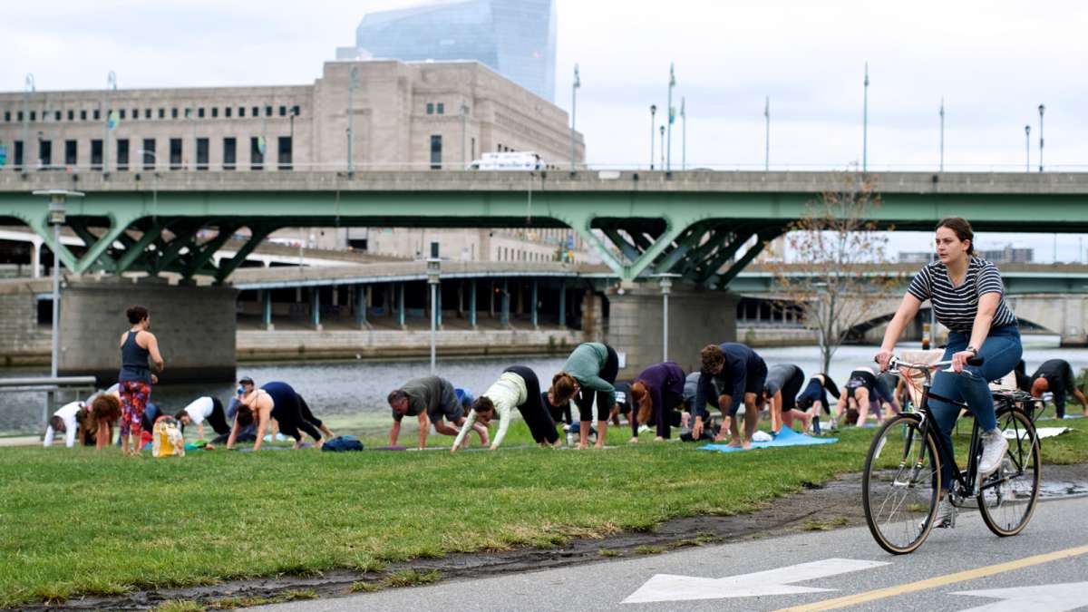 A yoga class has set up shop on the Schuylkill River banks.