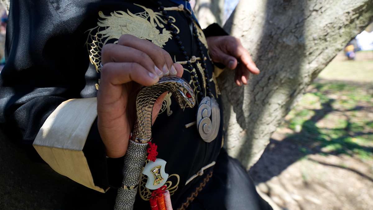 Delmar Gill of Philadelphia, a Samurai sword collector, sits in the base of a tree, watching the crowd go by, during the annual Cherry Blossom Festival in Fairmount Park on Sunday.