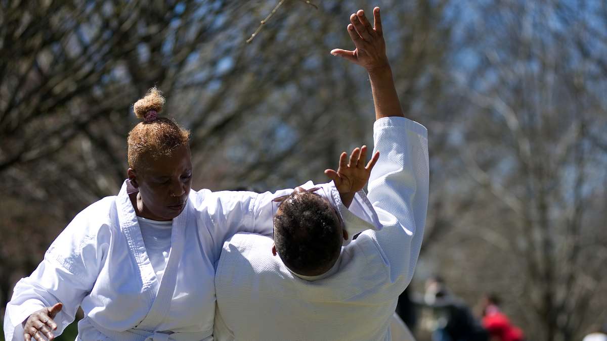 Rick and Sandra Hill, of Philadelphia, rehearse martial arts routines before participating in a Doshinkan Aikido demonstration on stage during the annual Cherry Blossom Festival in Fairmount Park on Sunday.