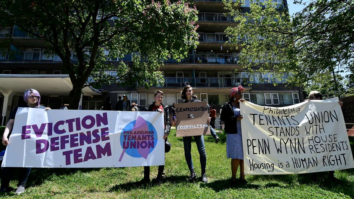 During a rally on Wednesday residents of Penn Wynn apartment building protest their eviction after the property changed hands recently.