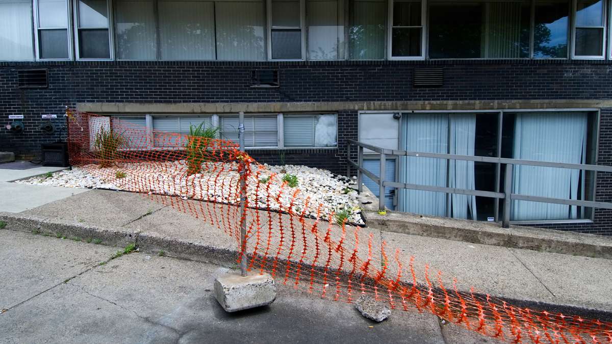 Netting barricades sections of the sidewalk outside Penn Wynn House, as seen on Wednesday.