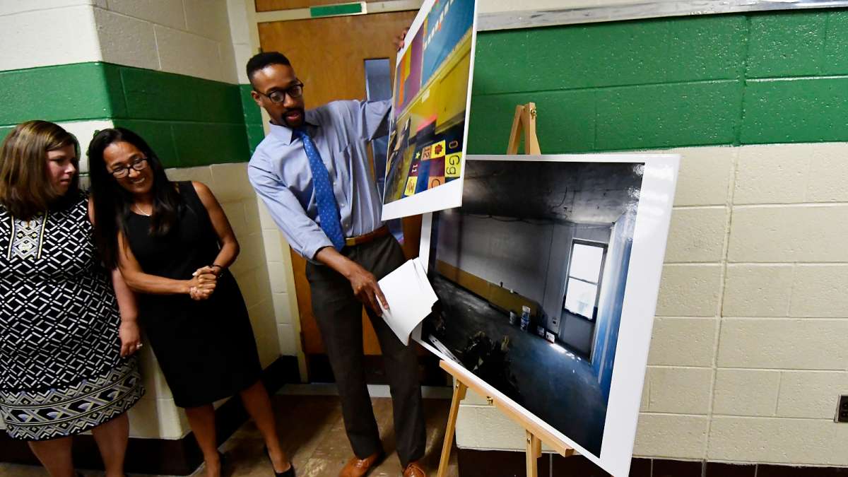 Before-photos are shown at Allen M. Stearne Elementary, in the Frankford neighborhood of the city. (Bastiaan Slabbers for WHYY)