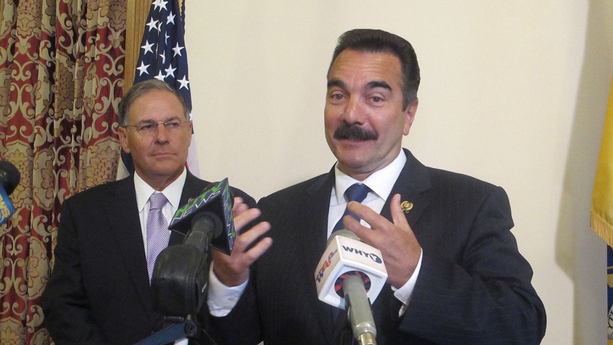  Assembly Republican Leader Jon Bramnick (left) and Speaker Vinnie Prieto call for more civility and respect among politicians at all levels of government. (Phil Gregory/WHYY) 