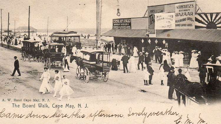 This post card from the early 1900s shows the trolley that passed through South Cape May to Cape May Point. The building shown was the front of the iron pier. (Richard Gibbs Collection)