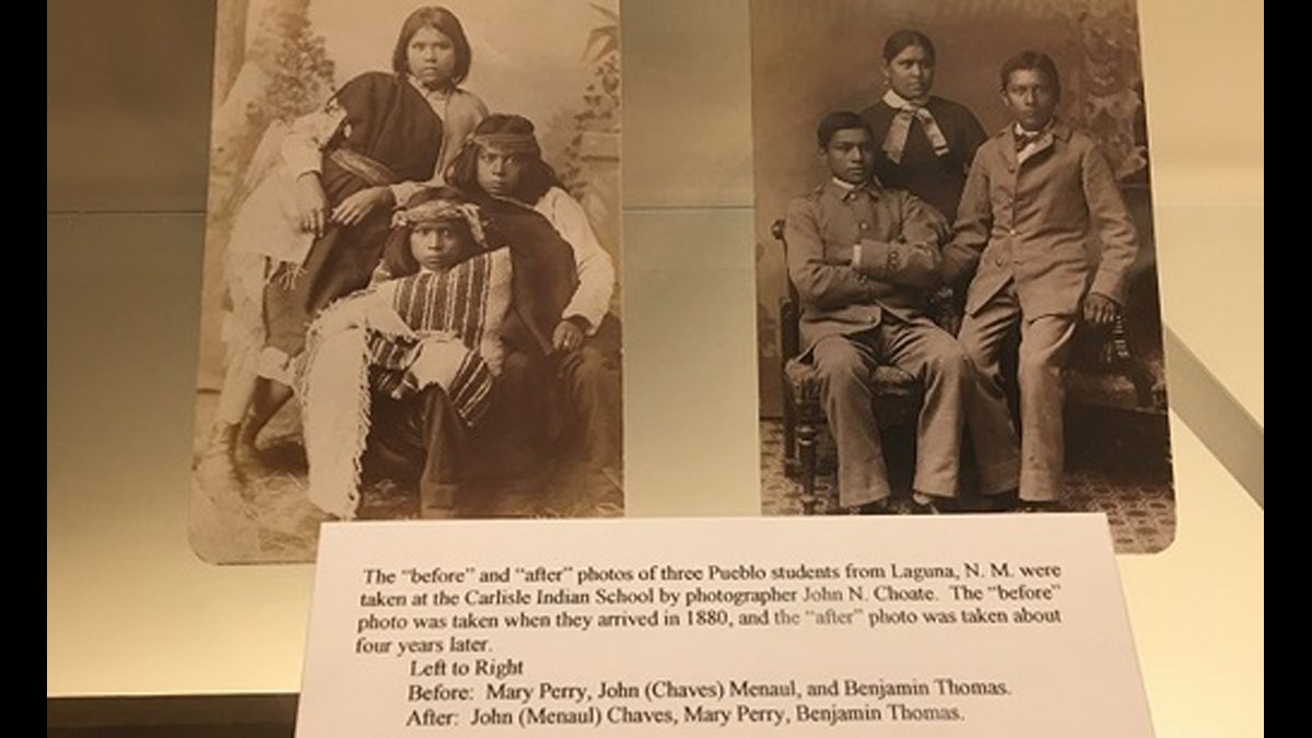  A Carlisle Historical Society exhibit depicts the 'assimilation' process that students at the Carlisle school underwent. The children pictured are not the three Arapaho boys. (Carlisle Historical Society) 