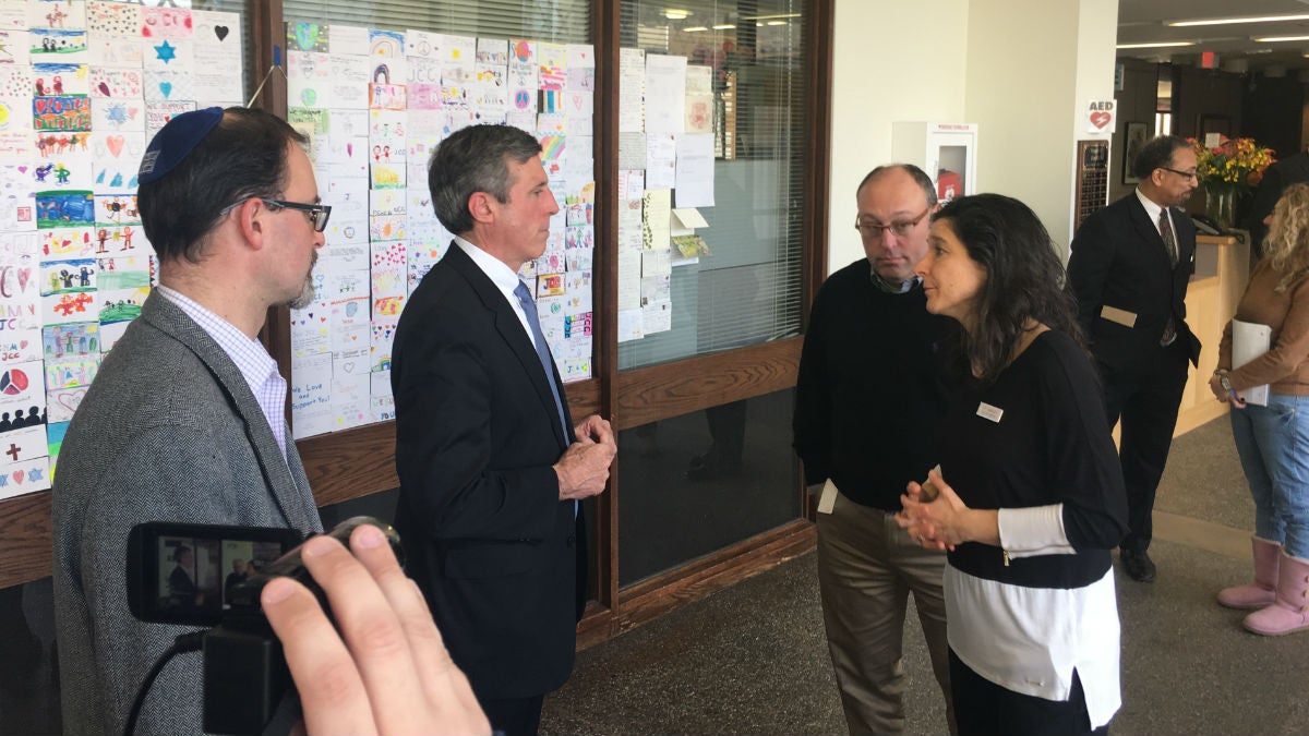  Delaware Gov. John Carney talks with Seigel JCC leaders about support from the community following a series of bomb threats. (Mark Eichmann/WHYY) 