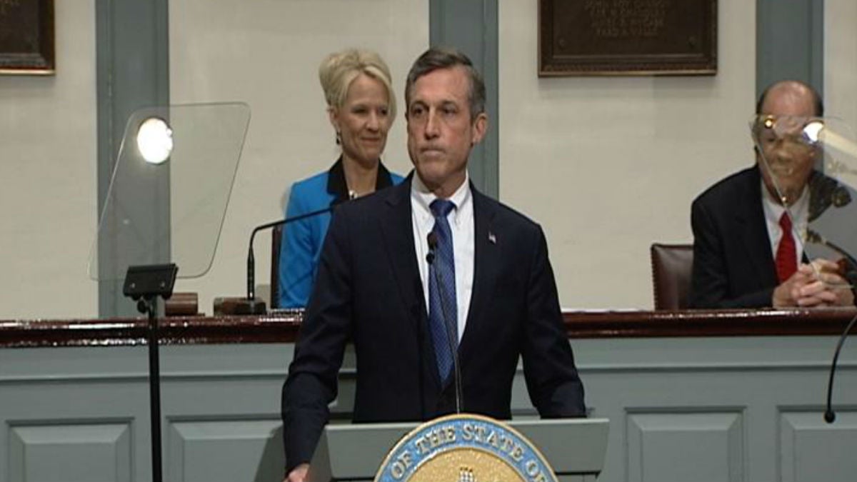  Delaware Gov. John Carney expounded on his budget plans during a speech Thursday to a joint session of the General Assembly. (Paul Parmelee/WHYY)  
