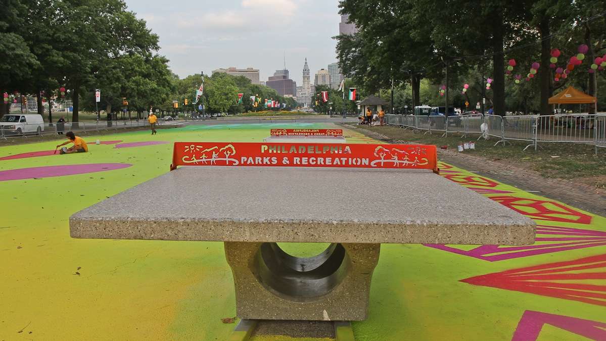 Ping-pong game tables are installed at the Eakins Oval magic carpet on the Parkway. (Kimberly Paynter/WHYY)