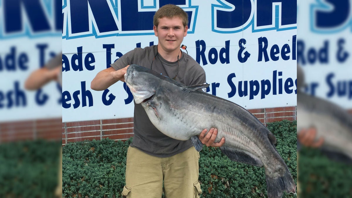  Jordan Chelton of Harrington with his state-record 36 lb., 3.2 oz blue catfish. (DNREC photo) 