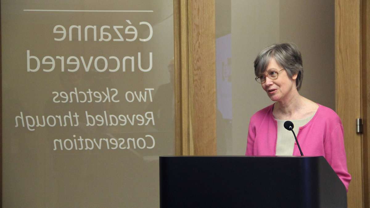 Barbara Buckley, senior director of conservation at the Barnes Foundation, introduces 'Cezanne Uncovered,' an exhibit of two unknown sketches revealed during paper conservation treatment. The exhibit will be open to the public from April 10 through May 18. (Emma Lee/WHYY)