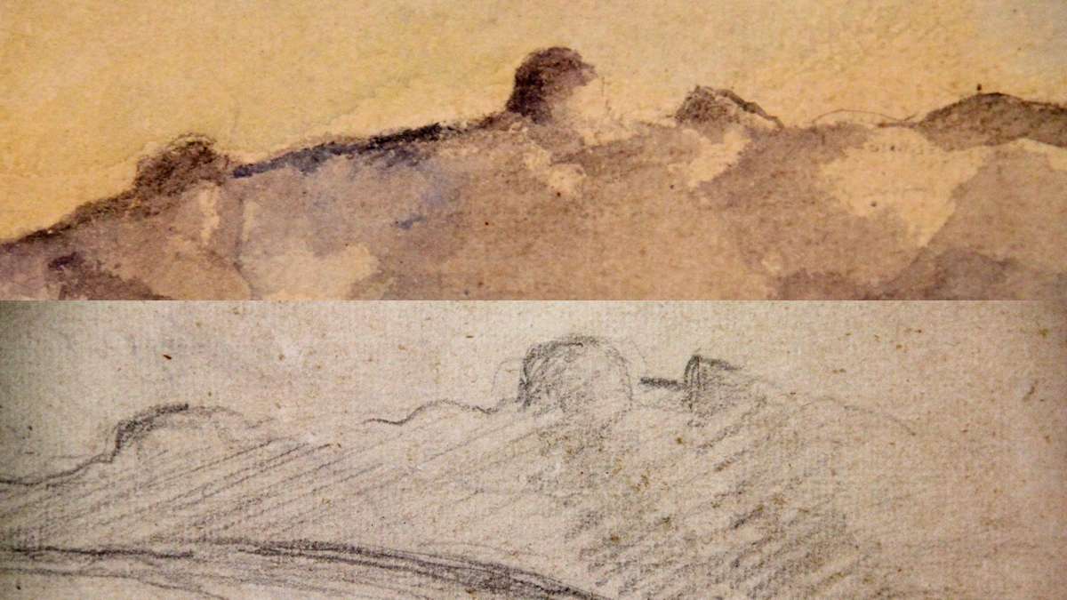 Two of the works, The Chaine de l'Etoile Mountains (top) and the newly discovered Houses in Landscape with Pilon du Roi, contain a distinctive rock formation in the south of France. (Emma Lee/WHYY)