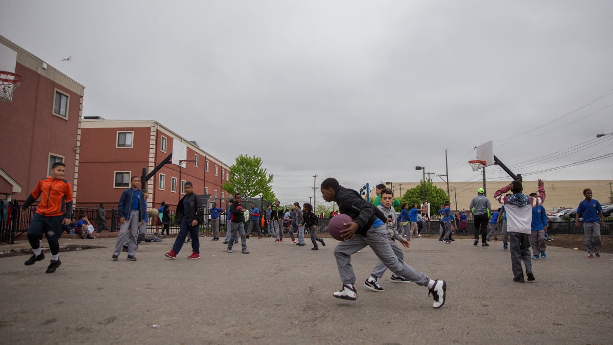  Students from Chester Community Charter School play basketball during recess in Chester, Pennsylvania. (Lindsay Lazarski/WHYY)  
