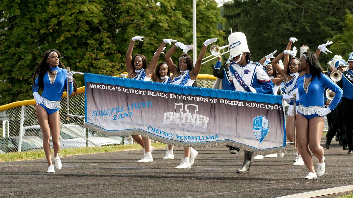 The Cheyney University cheer squad and marching band perform during half time in the football match against Lincoln University. (Bastiaan Slabbers/for NewsWorks)