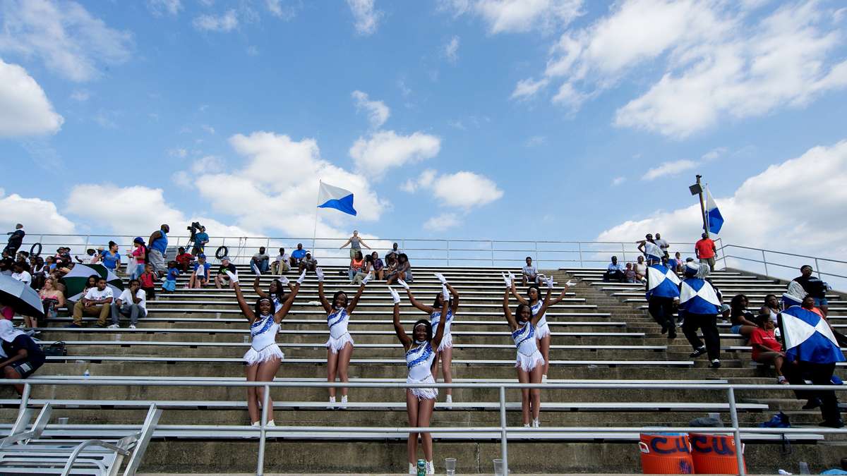 Cheyney cheerleaders chant for the Wolves during a football game in September. The historically black school has half the enrollment it did five years ago. (Bastiaan Slabbers/for NewsWorks)