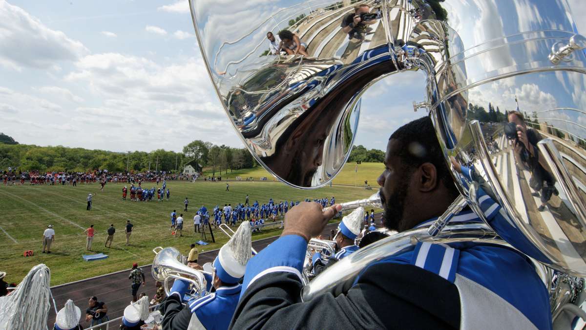 Members of the Cheyney marching band play in the stands. Historically black colleges like Cheyney enroll 8 percent of African-American college students, but their graduates make up 21 percent of African-Americans getting diplomas. (Bastiaan Slabbers/for NewsWorks)