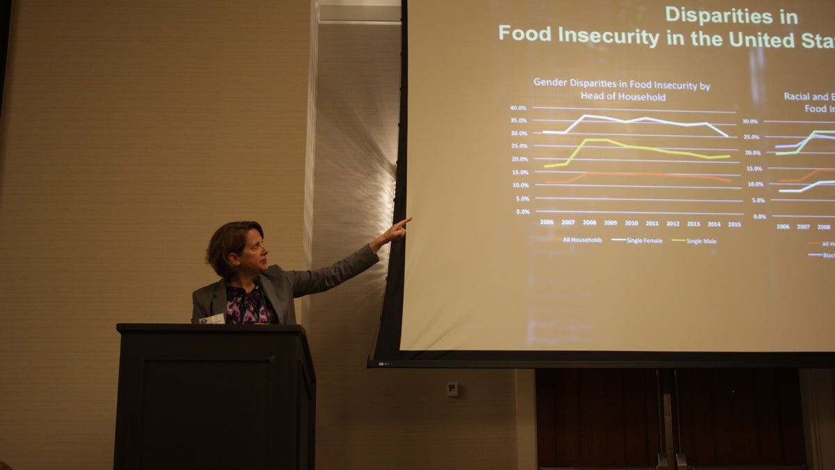  Mariana Chilton of Drexel University's Center for Hunger-Free Communities presents at a symposium on nutrition policy in Philadelphia last Friday. (Courtesy of Anne Albright/University of Pennsylvania Prevention Research Center) 
