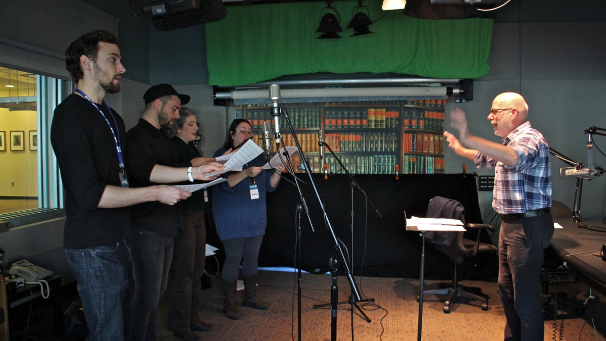  Members of The Crossing choir at WHYY (from left) Robbie Eisentrout, Stephen Bradshaw, Maren Montalbano, Rebecca Siler, and conductor Donald Nally (Emma Lee/WHYY) 