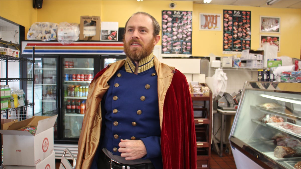  Chris Davis returns to the Italian Market butcher shop where last winter he staged a one-man play about the Mexican-American War. This time, he depicts the life of Mexico's last emperor, Maximilian I. (Emma Lee/WHYY) 