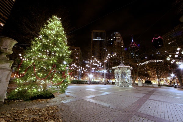 <p><p>Philadelphia's Rittenhouse Square, at 18th and Walnut streets, is decorated with a Christmas tree and a menorah and lights throughout the park. (Nathaniel Hamilton/for NewsWorks)</p></p>
