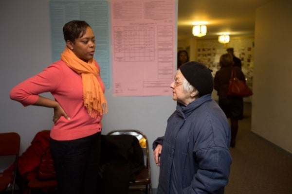 <p><div style="margin: 0px; font: 10px 'Lucida Grande';">
<div style="margin: 0px; font: 10px 'Lucida Grande';"><span style="font-size: 12pt;">Eighth District City Councilwoman Cindy Bass talks to a voter at her home polling location, Germantown Christian Academy. (Dave Tavani/ for NewsWorks)</span></div>
</div></p>
