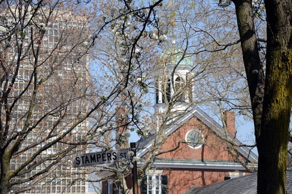 Part of the Headhouse Square Farmers Market is visible from the corner of 2nd and Stampers streets in Society Hill. (Max Matza/for NewsWorks)