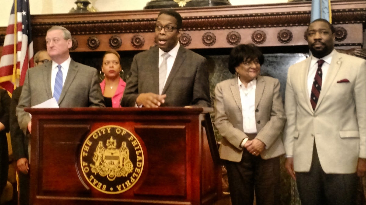  Philadelphia City Council President Darrell Clarke unveils details of his promised plan for 10,000 green jobs. (Katie Colaneri/WHYY) 