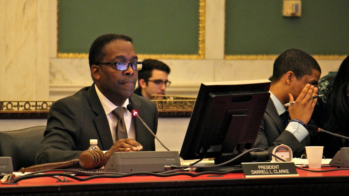 City Council President Darrell Clarke listens to public comments on the Philadelphia schools budget. (Emma Lee/WHYY)