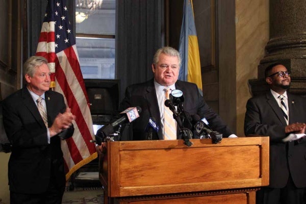 <p><p>Congressman Robert Brady draws applause at city hall when he announces that Philadelphia will continue to host a cycling race, thanks to sponsorship from Parx Casino and Penn Financial. (Emma Lee/for NewsWorks)</p></p>
