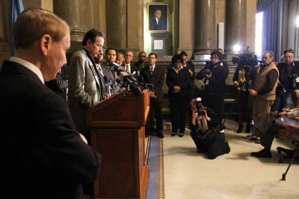 <p><p>Bike race organizer Richard Adler hints at his plans for the new Parx Casino Philly Cycling Classic during a press conference at City Hall on Thursday. (Emma Lee/for NewsWorks)</p></p>
