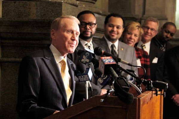 <p><p>Robert W. Green, Chairman of Parx Casino, announces his company's intention to sponsor the Philly Cycling Classic. Parx has agreed to a two-year sponsorship deal for $250,000 a year. (Emma Lee/for NewsWorks)</p></p>
