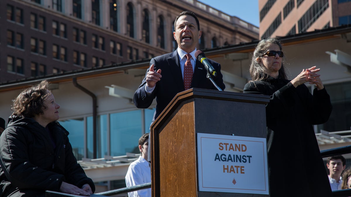  Pennsylvania Attorney General, Josh Shapiro, talks to the crowd at the Rally Against Hate. He himself is Jewish and sends his children to private Jewish school. Hundreds of people from all faiths and ages gathered together at the rally to Stand Against Hate on Independence Mall in Philadelphia Pa on March 2nd 2017. The rally was held in response to the growing amount of attacks on Jewish institutions across the United States. (Emily Cohen for NewsWorks) 