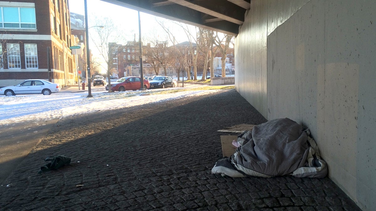 A person experiencing homelessness finds some shelter under an overpass. (Emma Lee/WHYY) 