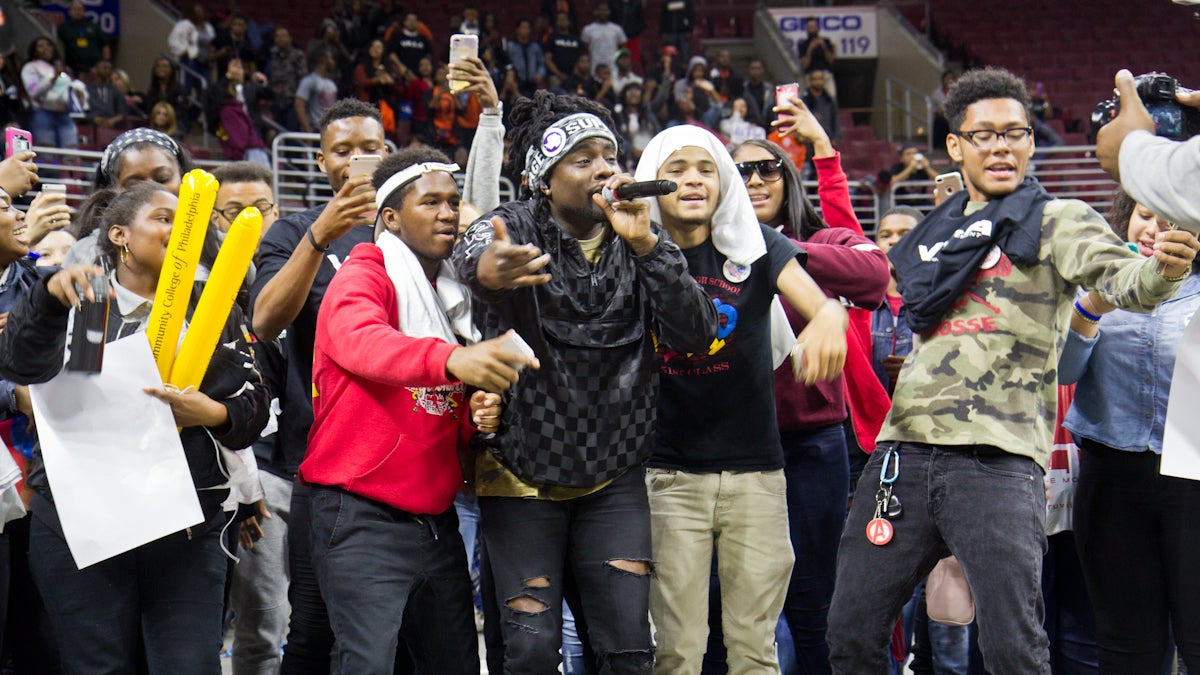 The rapper Wale performs for college-bound seniors from Philly public school. (Kimberly Paynter/WHYY)