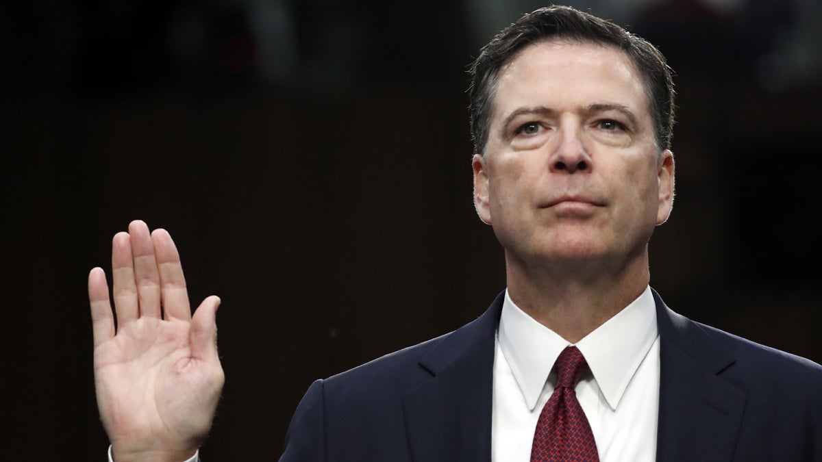  Former FBI Director James Comey is sworn in during a Senate Intelligence Committee hearing on Capitol Hill, Thursday, June 8, 2017, in Washington. (AP Photo/Alex Brandon) 