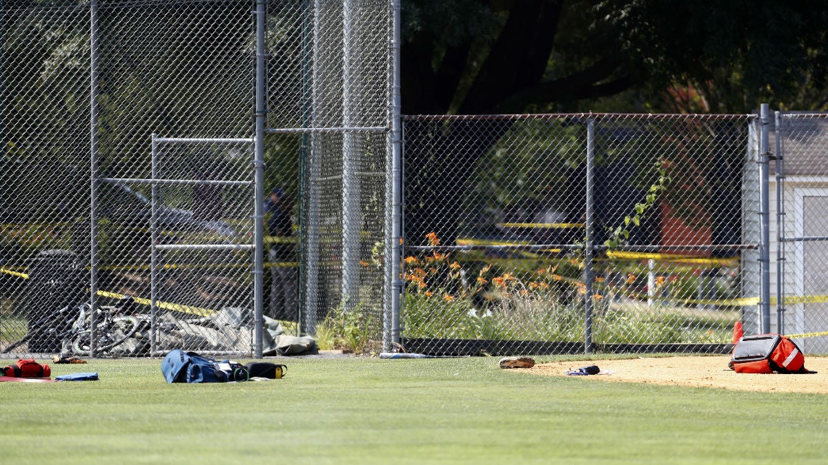 congressman-shot-169 Equipment and medical bags are seen on the baseball field in Alexandria, Va., Wednesday, June 14, 2017, after a shooting where House Majority Whip Steve Scalise of La., and others were shot during a congressional baseball practice. (AP Photo/Alex Brandon)