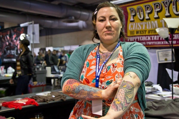 Tina Marabito, a tattoo artist from Wilmington, Del. has been tattooing for five years.  (Kimberly Paynter/WHYY)