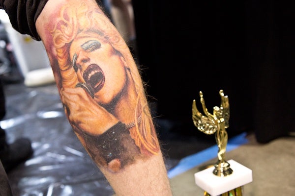 Dave Schaefer who lives in the Tacony section of Phila. won third place in the Best Color Portrait category for his tattoo of Hedwig, from one of his favorite films. (Kimberly Paynter/WHYY)