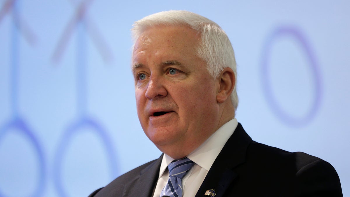 Pennsylvania Gov. Tom Corbett speaks during an event discussing impact of sports, hosted by the Rothman Institute, Wednesday, May 22, 2013, in Philadelphia. (AP Photo/Matt Rourke)