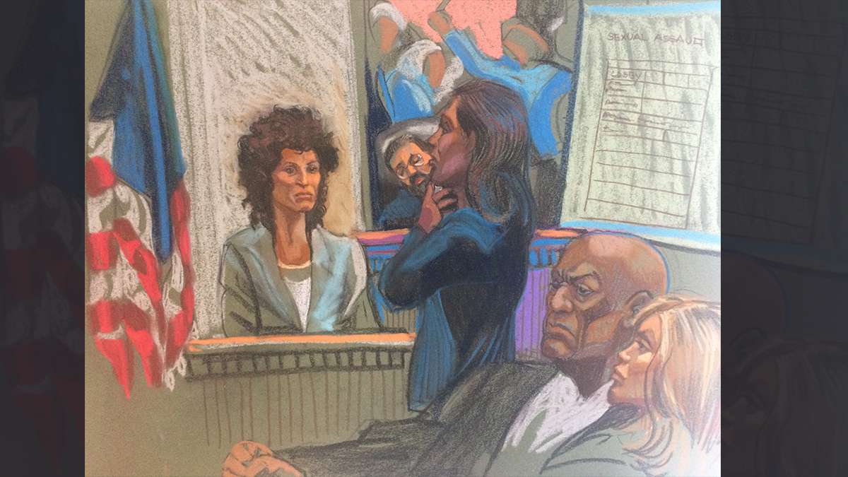 Courtroom scene from day two of the Bill Cosby trial, as drawn by sketch artist Christine Cornell (image courtesy of Christine Cornell)