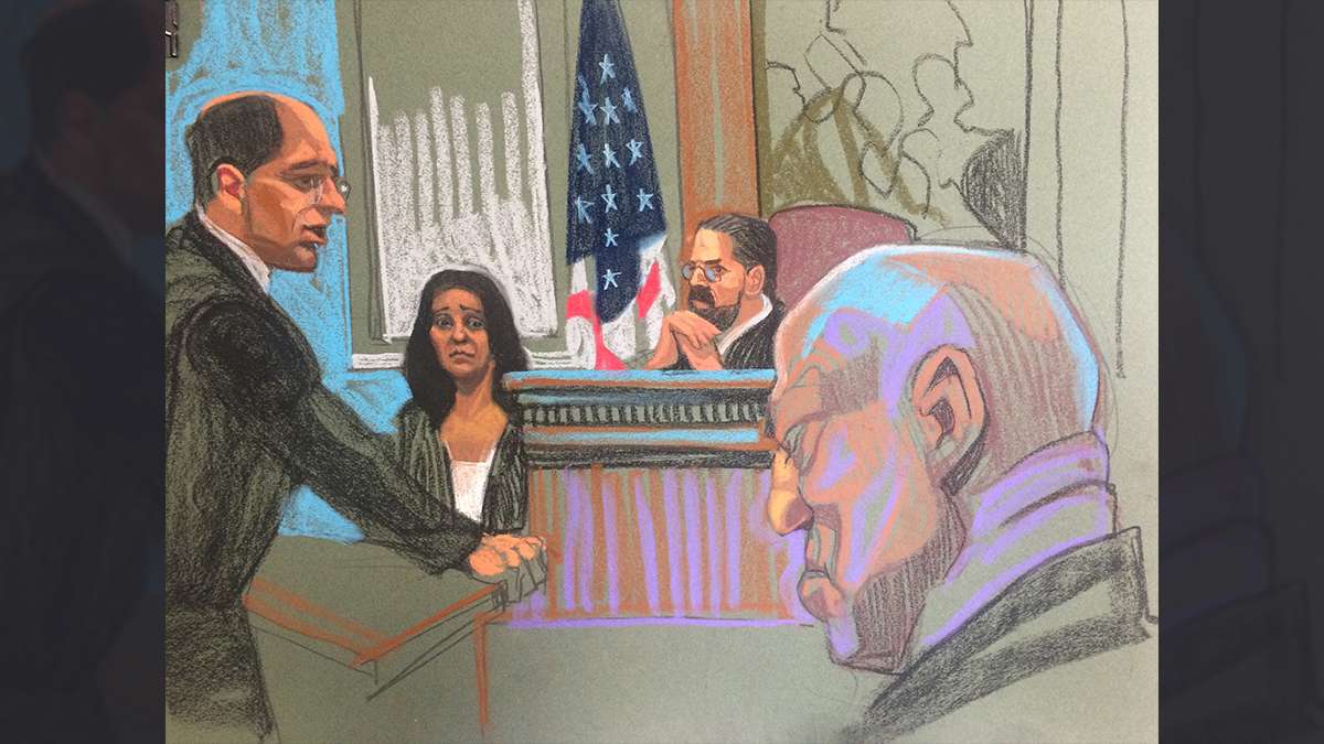 Courtroom scene from day two of the Bill Cosby trial, as drawn by sketch artist Christine Cornell (image courtesy of Christine Cornell)