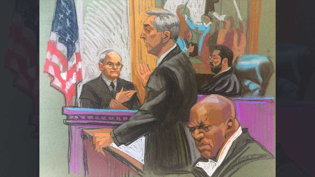 Courtroom scene from day two of the Bill Cosby trial, as drawn by sketch artist Christine Cornell (image courtesy of Christine Cornell)