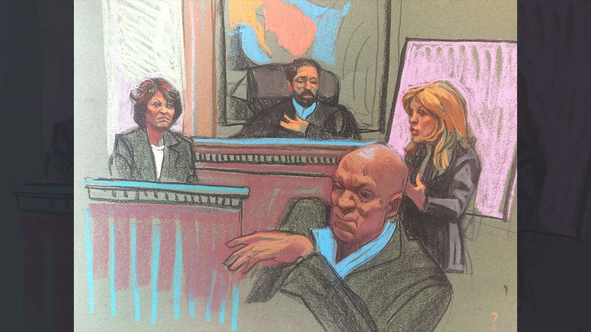 Courtroom scene from day two of the Bill Cosby trial, as drawn by sketch artist Christine Cornell (image courtesy of Christine Cornell)