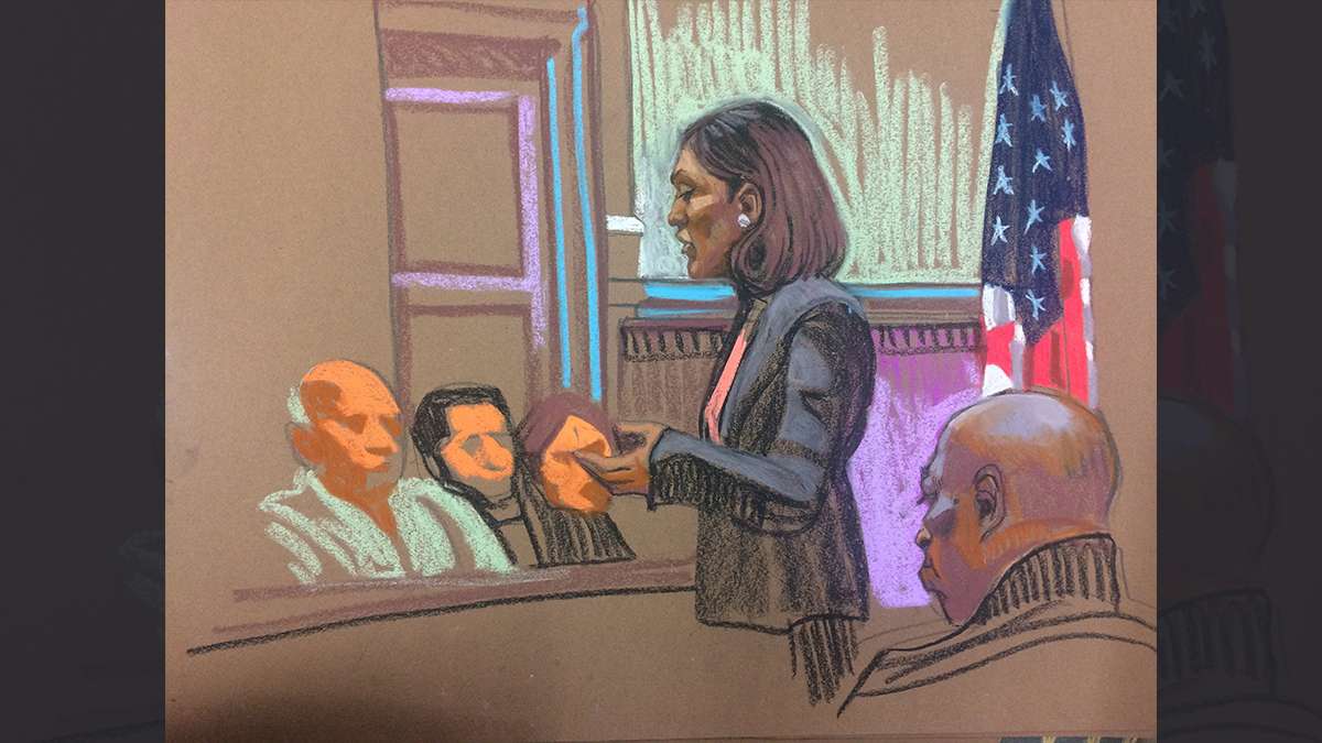 Courtroom scene from day two of the Bill Cosby trial, as drawn by sketch artist Christine Cornell (image courtesy of Christine Cornell)